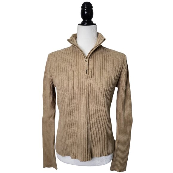 DKNY Jeans Women's Sweater Size M 1/4 Zip Ribbed Long Sleeve Form Fitting - Picture 2 of 9